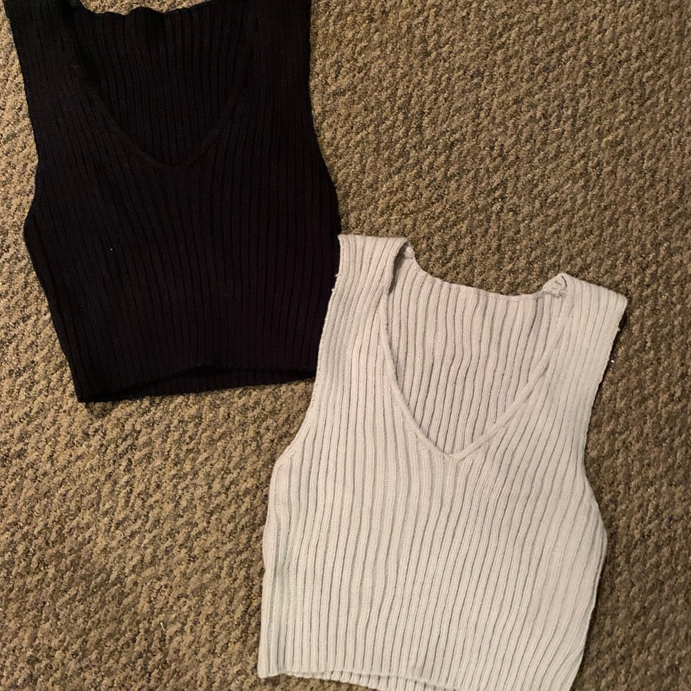 Black and Grey Ribbed Knit Women's Tops